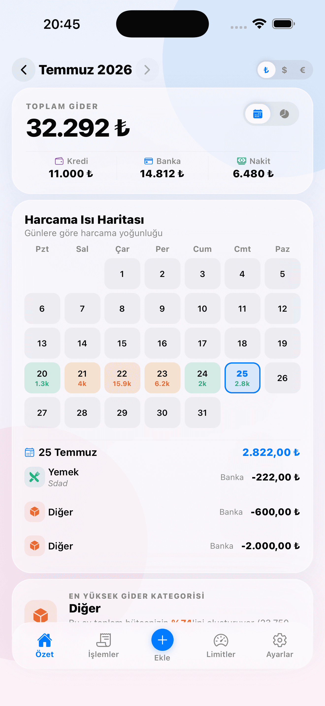 NeHarcadım özet ekranı
