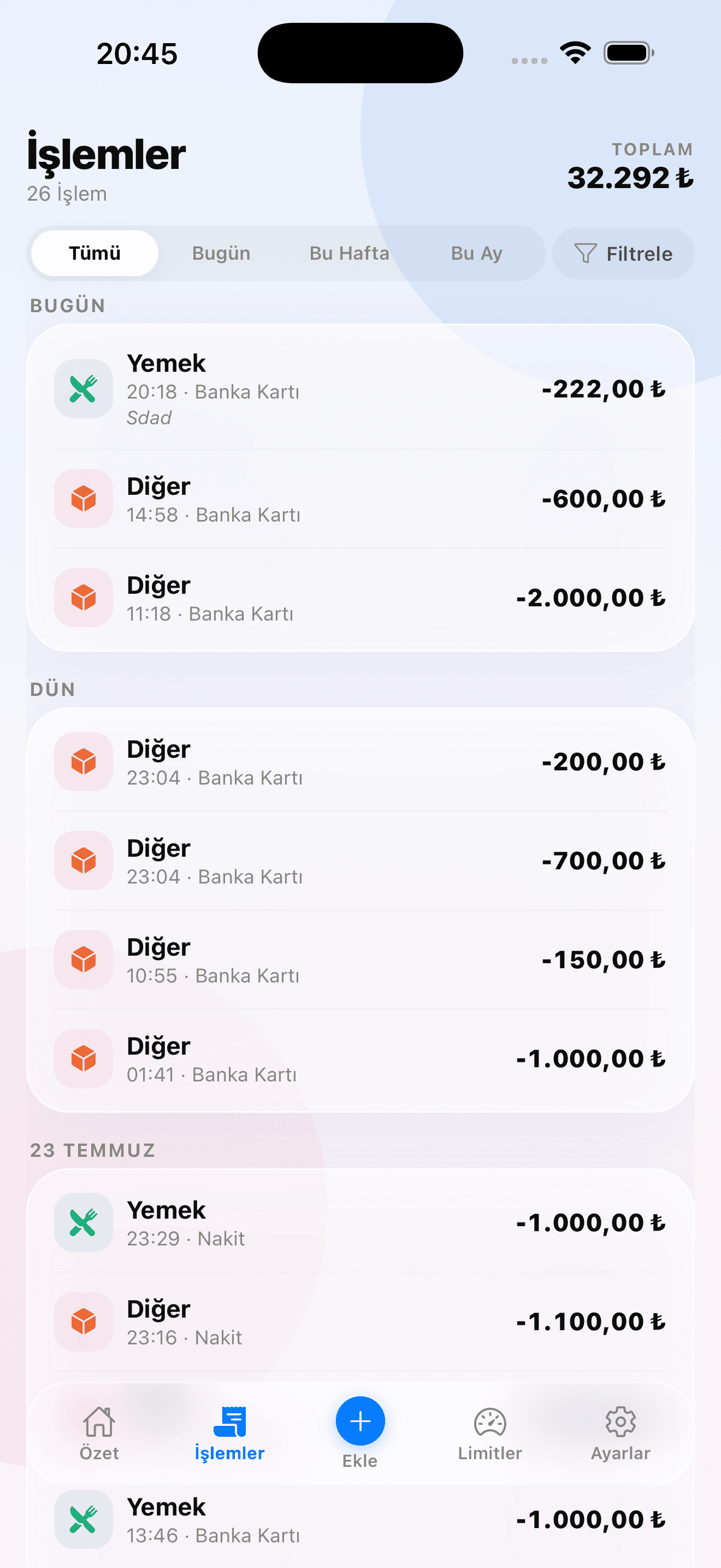 NeHarcadım işlemler ekranı